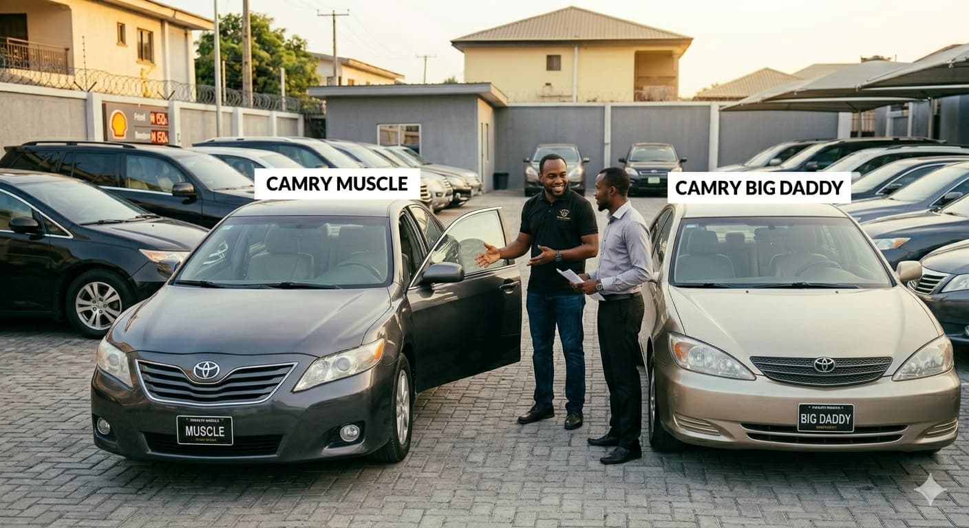 A dark gray Toyota Camry Muscle with an open driver door stands next to a gold Toyota Camry Big Daddy at the Draays Wheels dealership yard in Lagos. A sales representative shows the verified interior to a prospective car buyer.