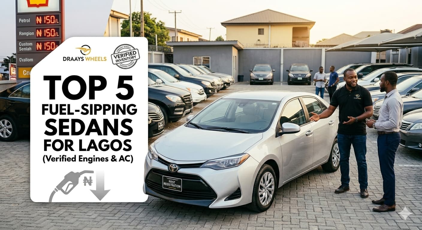 A modern, fuel-efficient silver sedan driving smoothly past a crowded filling station with high fuel price boards in Lagos, Nigeria. The image highlights smart commuting and fuel conservation tips from Draays Wheels.