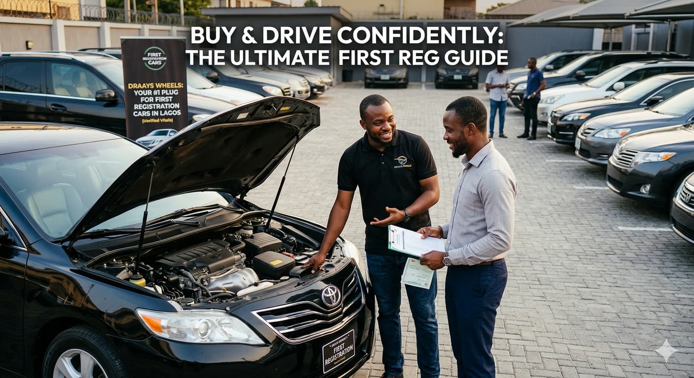 Two men inspect a clean black Toyota Camry SE engine in a busy Lagos auto dealership yard. The yard is filled with rows of verified 'First Registration' cars for sale at Draays Wheels, ensuring a trustworthy and transparent buy and drive experience.